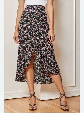 Lulus Floral Ruffle High Low High Rise Midi Skirt Black S